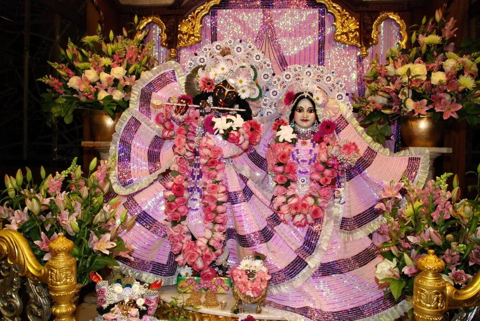 Pink and gold deity attire with delicate embellishments